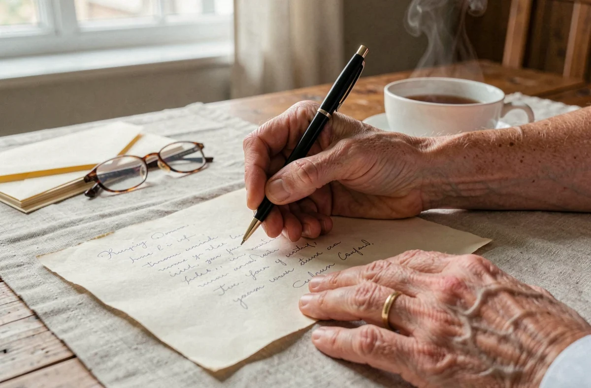 Hände eines älteren Mannes beim Schreiben eines handschriftlichen Testaments am Küchentisch – Erbrecht und letzter Wille