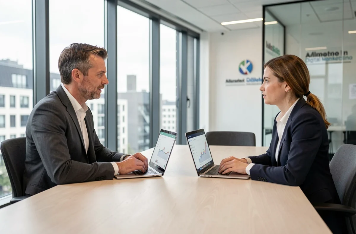 Zwei Marketingprofis besprechen Affiliate-Strategien im modernen Büro mit Stadtblick