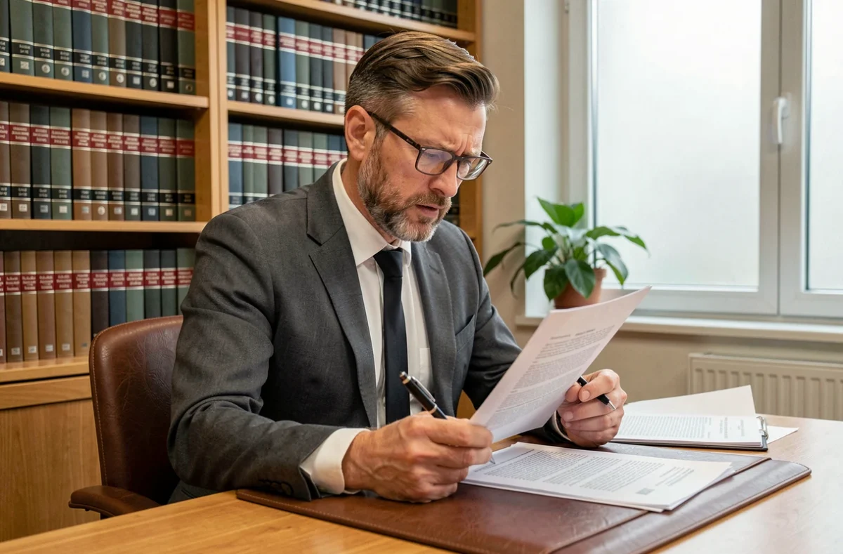 Ein Anwalt liest rechtliche Dokumente zum Hinweisgeberschutzgesetz in einem deutschen Rechtsbüro