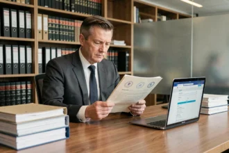 Anwalt prüft Patentdokumente am Schreibtisch in einem modernen deutschen Rechtsbüro – Geistiges Eigentum und Unternehmensrecht