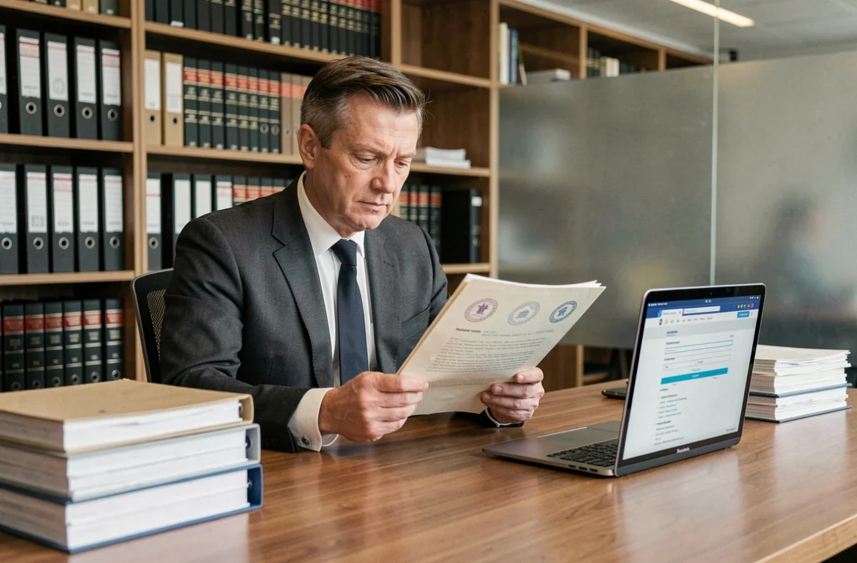 Anwalt prüft Patentdokumente am Schreibtisch in einem modernen deutschen Rechtsbüro – Geistiges Eigentum und Unternehmensrecht