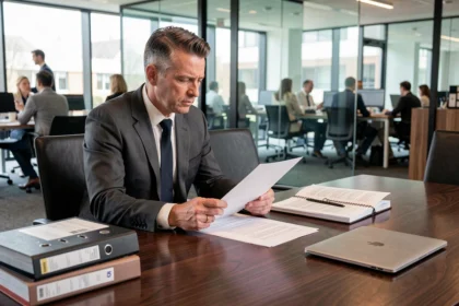 Anwalt prüft Treuhanddokumente in einem modernen deutschen Büro – rechtliche Beratung zu Treuhandservices