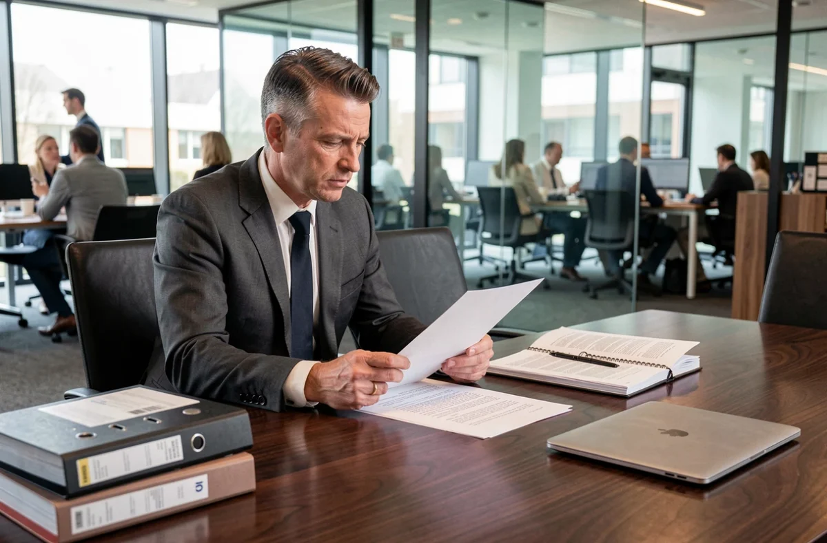 Anwalt prüft Treuhanddokumente in einem modernen deutschen Büro – rechtliche Beratung zu Treuhandservices