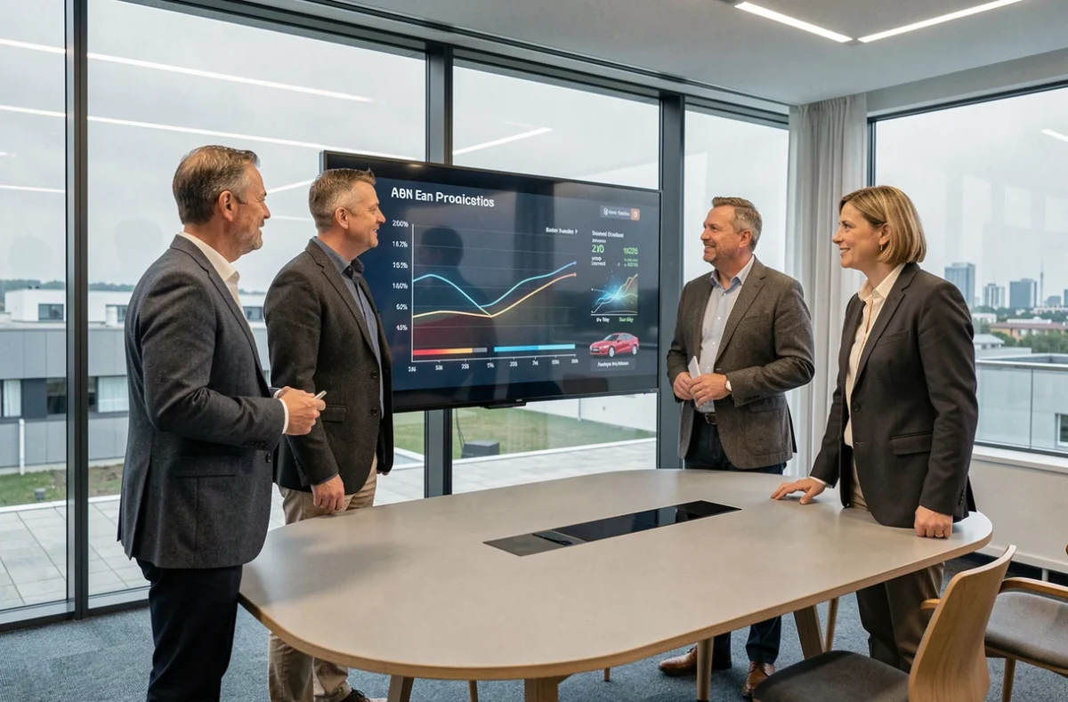 Führungskräfte der deutschen Automobilindustrie analysieren Daten zur Elektromobilität und Zukunftsstrategie bis 2026