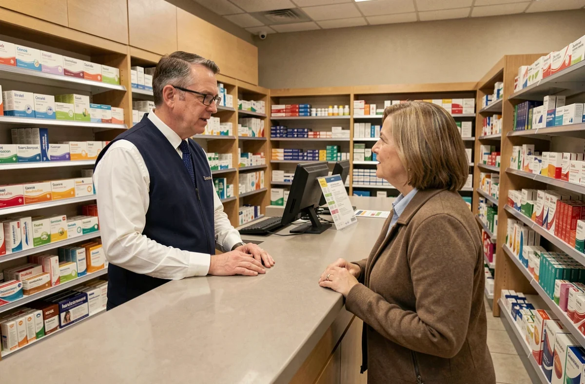Apotheker berät eine Patientin in einer modernen Apotheke über Medikamente und Gesundheitsversorgung von Bayer AG