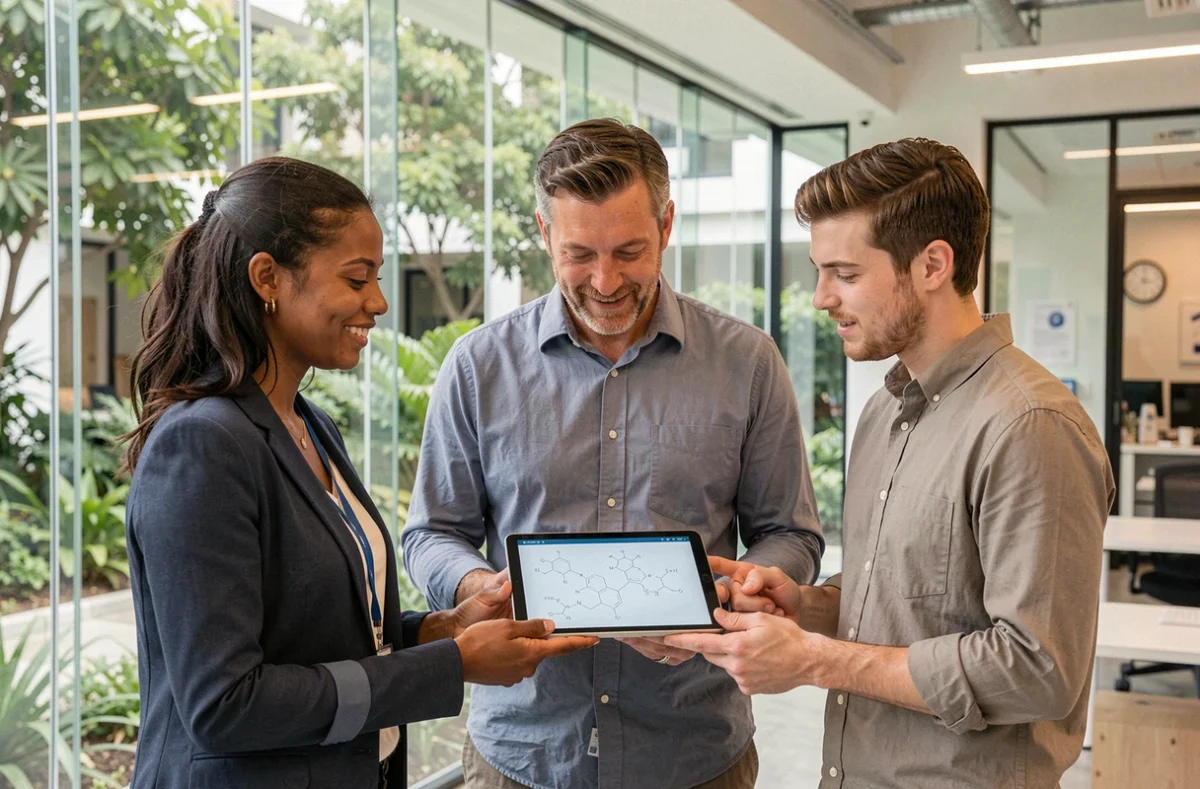 Forscherteam von Bayer AG analysiert molekulare Daten auf einem Tablet im modernen Biotechnologie-Büro