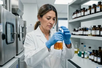 Wissenschaftlerin im Bayer-Labor untersucht eine Glasampulle mit pharmazeutischem Wirkstoff für die globale Gesundheitsforschung