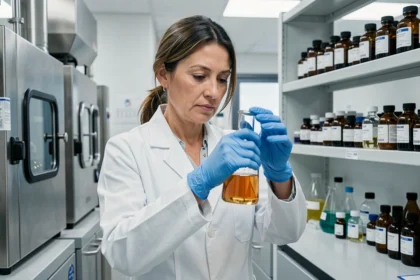 Wissenschaftlerin im Bayer-Labor untersucht eine Glasampulle mit pharmazeutischem Wirkstoff für die globale Gesundheitsforschung