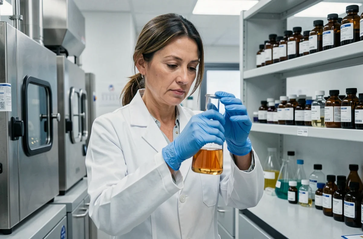 Wissenschaftlerin im Bayer-Labor untersucht eine Glasampulle mit pharmazeutischem Wirkstoff für die globale Gesundheitsforschung