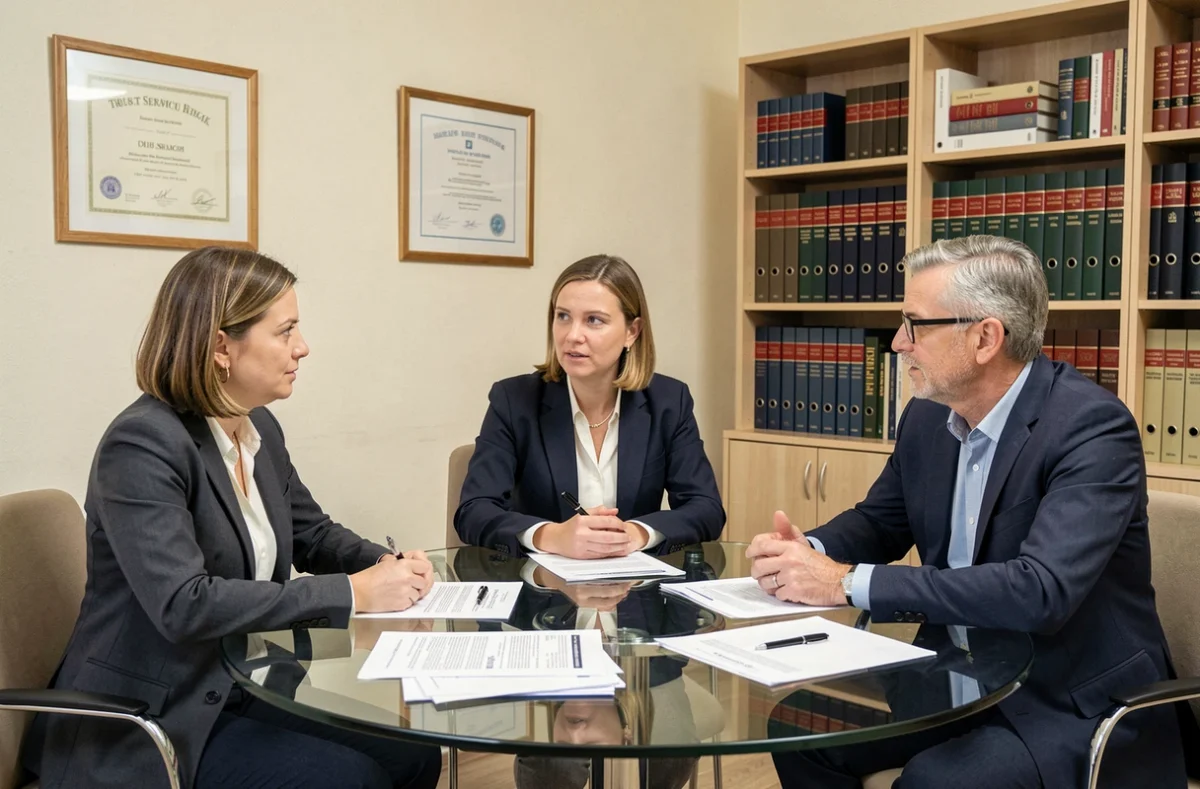 Beratungsgespräch über Treuhandverträge in einem deutschen Notarbüro mit drei Fachleuten