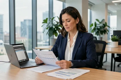 Professionelle Buchhalterin prüft Finanzberichte am modernen Büroschreibtisch mit Laptop und Tabellenkalkulationssoftware