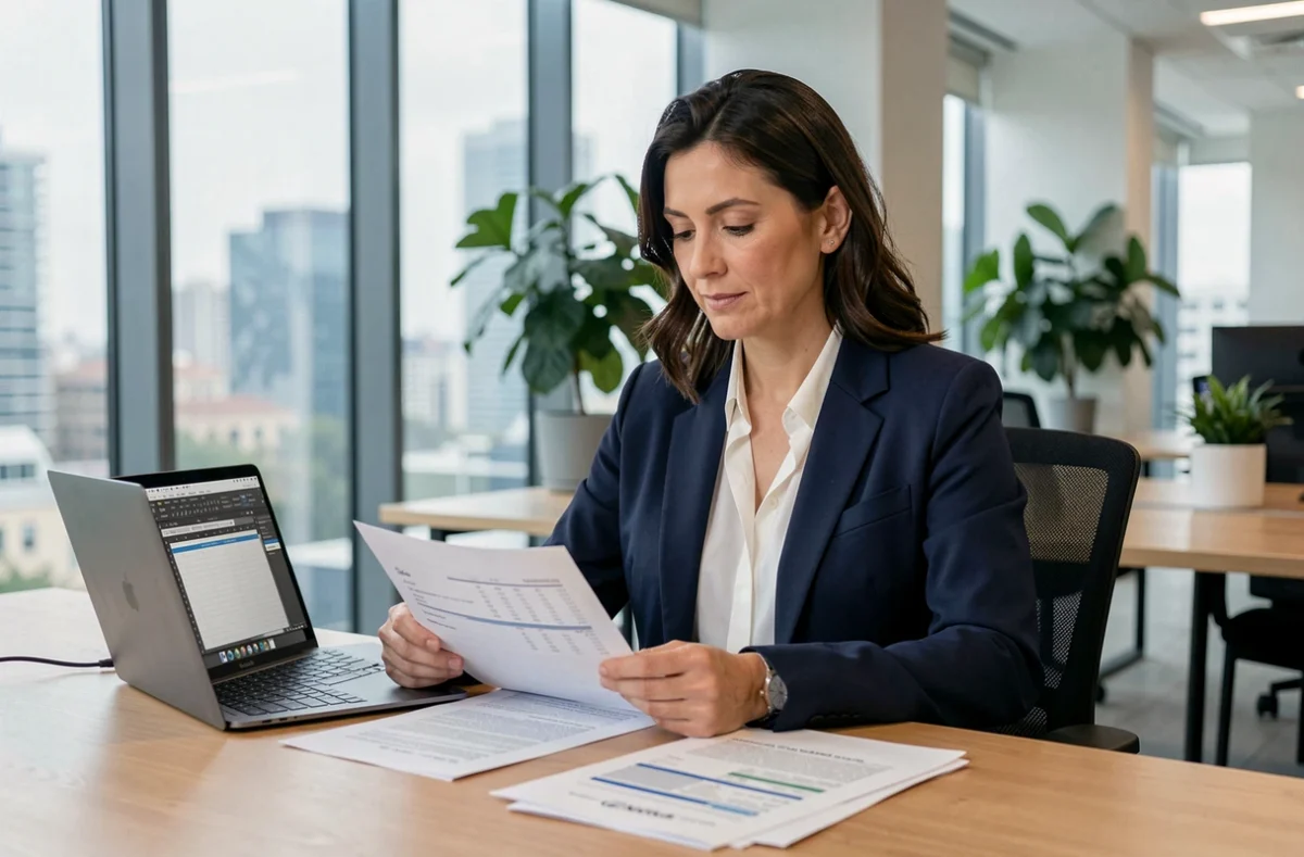 Professionelle Buchhalterin prüft Finanzberichte am modernen Büroschreibtisch mit Laptop und Tabellenkalkulationssoftware