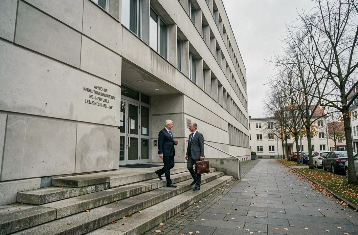 Zwei Wirtschaftsvertreter betreten das Gebäude des Bundeskartellamtes in Bonn an einem bewölkten Herbsttag