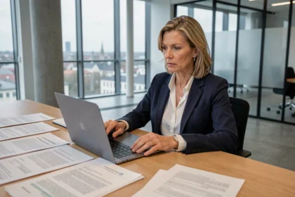 Mitarbeiterin des Bundeskartellamtes prüft Regulierungsdokumente in einem modernen Behördenbüro in Bonn