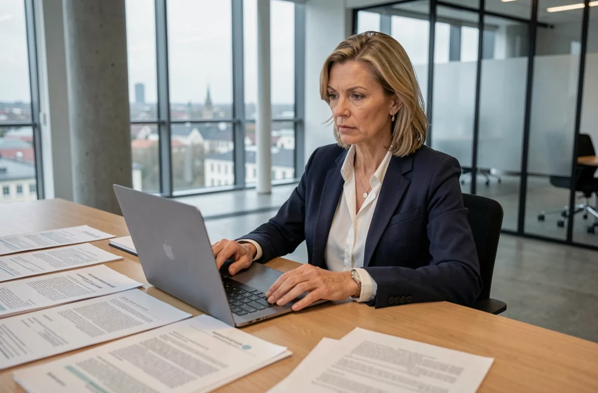 Mitarbeiterin des Bundeskartellamtes prüft Regulierungsdokumente in einem modernen Behördenbüro in Bonn