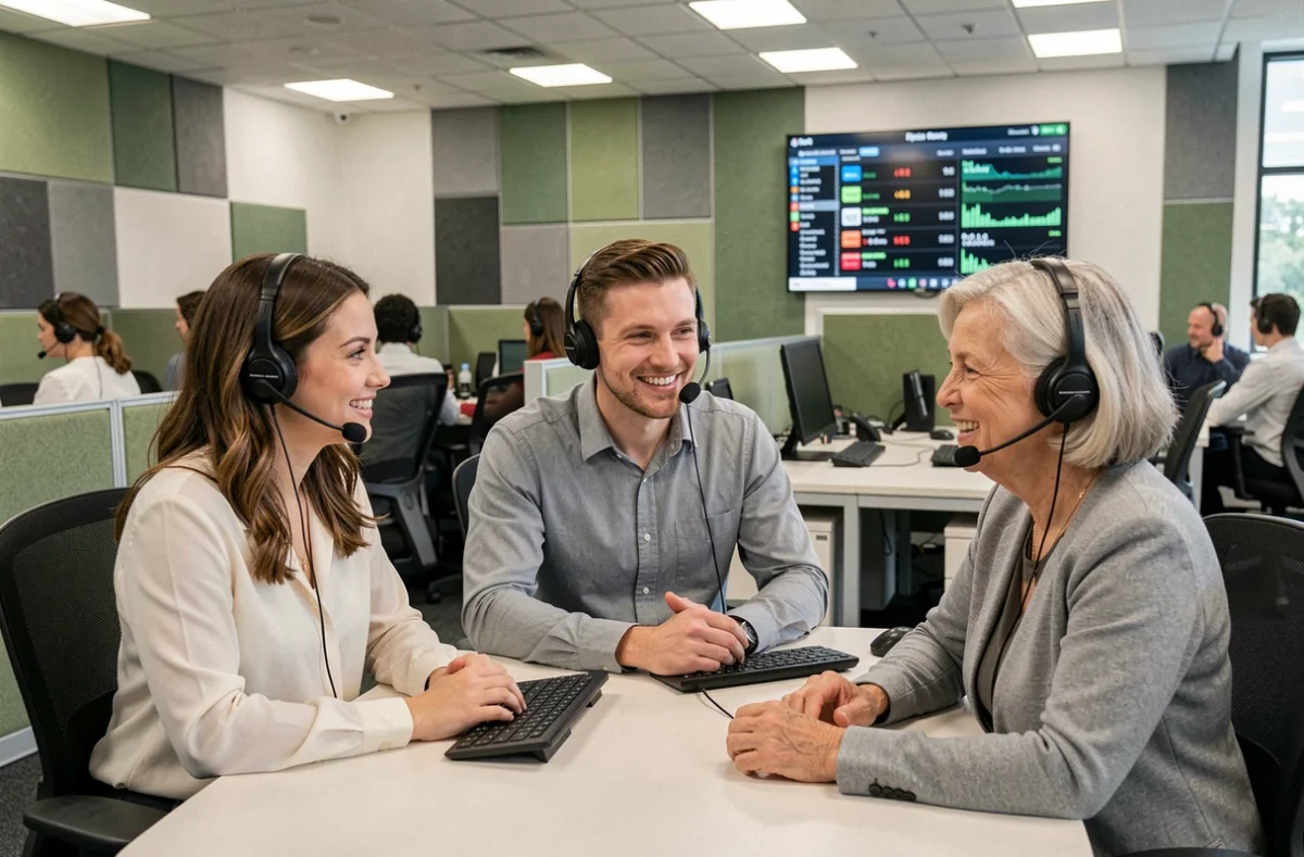 Dreiköpfiges Call-Center-Team mit Headsets bei gemeinsamer Kundenberatung in modernem Contact-Center mit Wandbildschirm