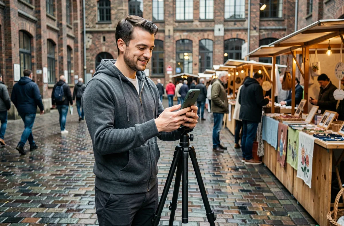 Männlicher Content Creator filmt ein Produkt-Unboxing-Video an einem belebten Hamburger Stadtmarkt – Chancen und Risiken im Influencer-Marketing