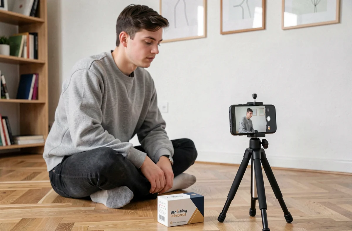 Junger Content Creator filmt Social-Media-Video für eine deutsche Marke in einem minimalistischen Hamburger Apartment