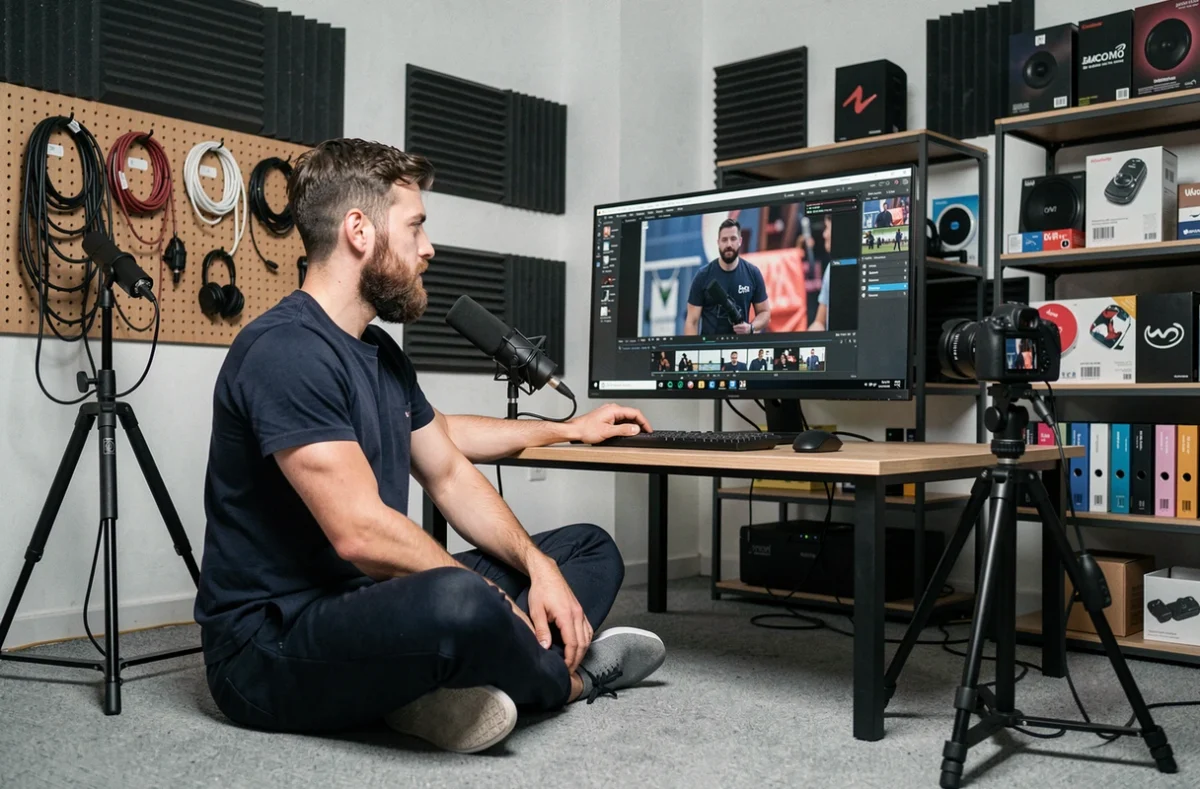 Content-Creator bearbeitet Videos in seinem Studio vor dem Hintergrund neuer Urheberrechtsregelungen