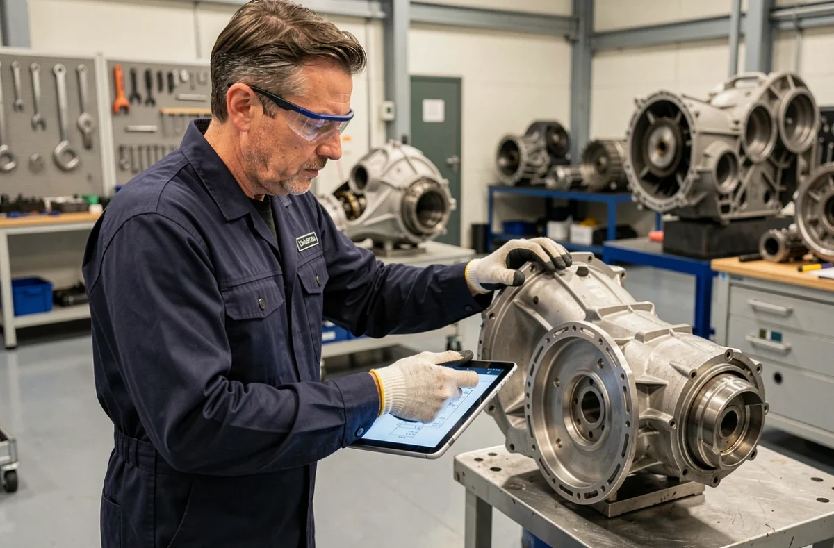 Daimler-Ingenieur untersucht Hybridantrieb im Forschungslabor – technologische Innovation 2026
