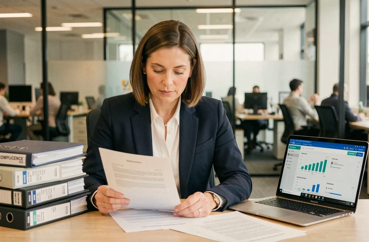 Unternehmensanwältin prüft Datenschutzdokumente im modernen Büro – DSGVO-Compliance 2026