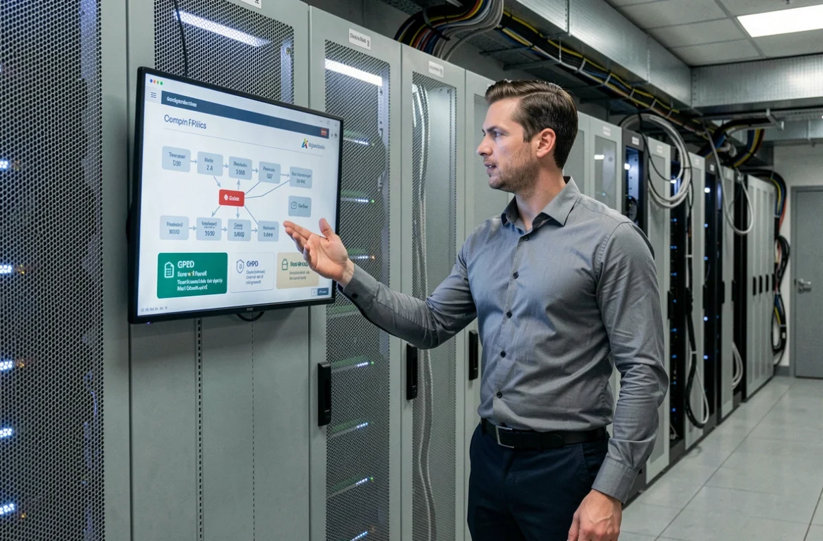 IT-Berater analysiert Datenschutz-Compliance auf digitalem Server-Dashboard in Rechenzentrum