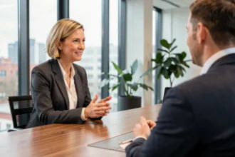 Professionelle Geschäftsfrau berät einen Kunden in einem modernen Berliner Büro – innovative Unternehmensdienstleistungen