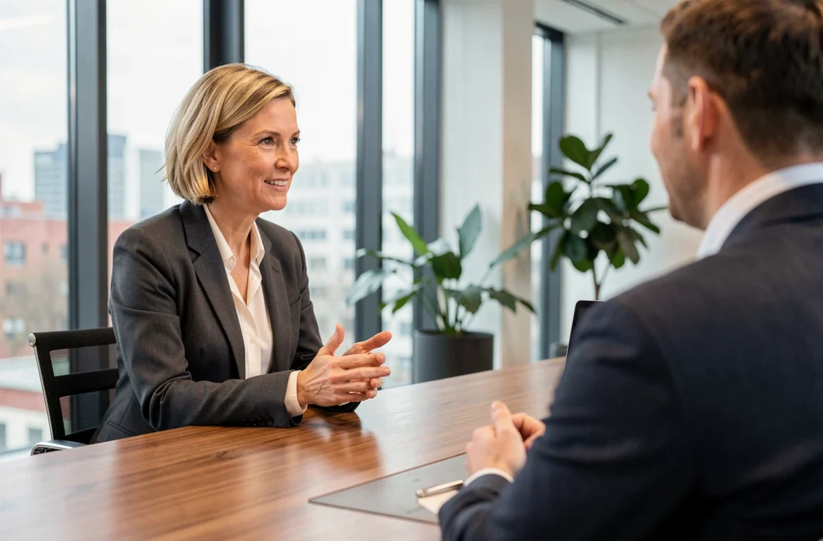 Professionelle Geschäftsfrau berät einen Kunden in einem modernen Berliner Büro – innovative Unternehmensdienstleistungen