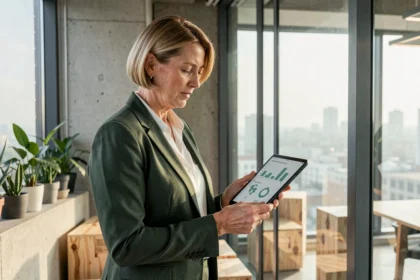 Deutsche Unternehmerin analysiert Nachhaltigkeitsdaten auf einem Tablet in modernem Büro mit Blick auf die Stadtsilhouette