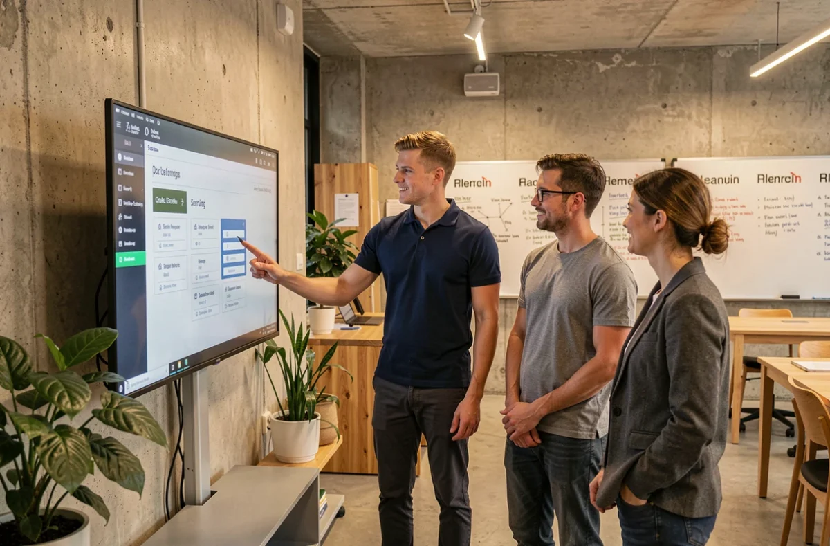 Junger Fachmann präsentiert digitale Dienstleistungslösung auf einem Touchscreen in einem modernen Hamburger Co-Working-Space