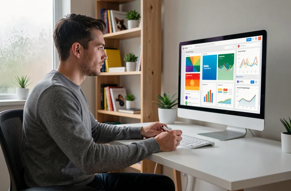 Digitaler Marketingexperte analysiert Markenbekanntheit und Kampagnendaten am Heimarbeitsplatz