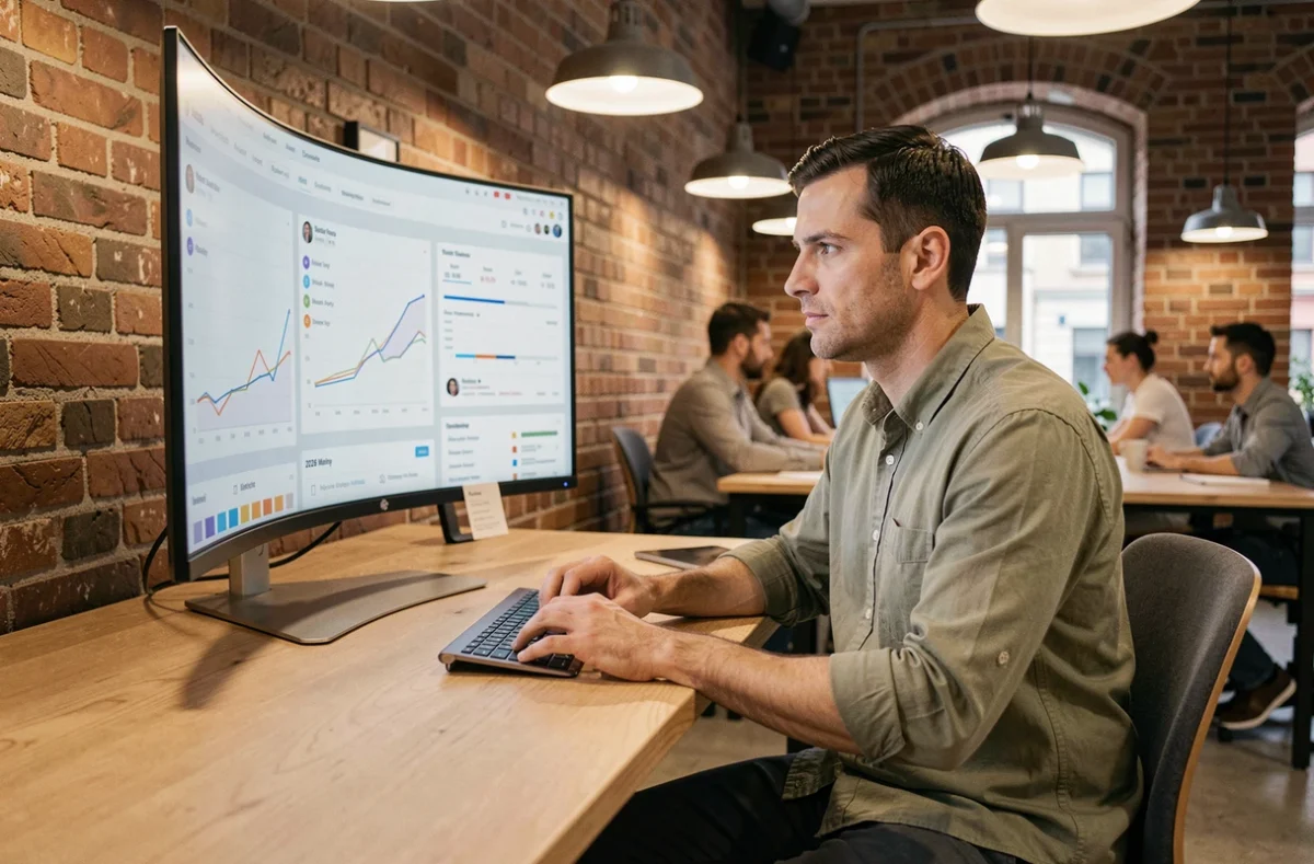 Digitaler Marketingexperte analysiert Social-Media-Kampagnendaten auf einem Ultrawide-Monitor in einem modernen Co-Working-Space