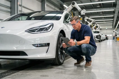 Automobilingenieur untersucht einen Elektro-PKW in einer modernen deutschen Fahrzeugproduktionshalle
