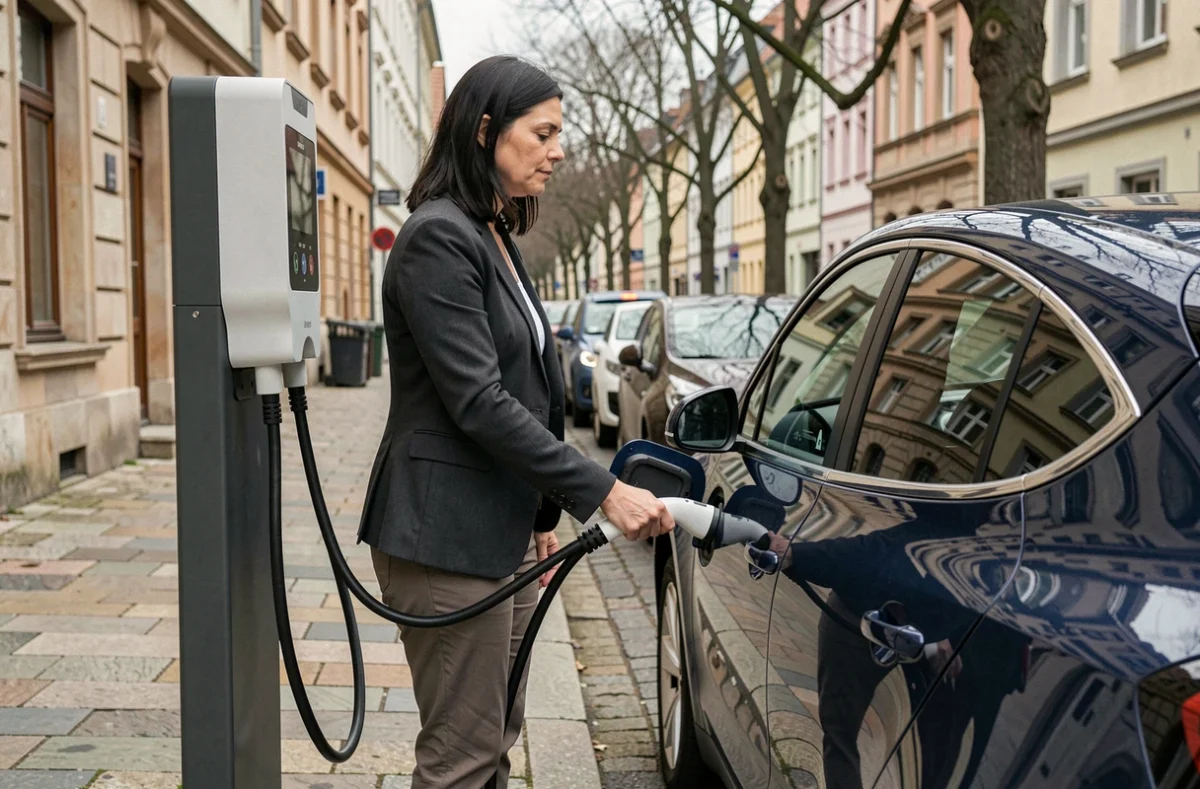 Frau lädt ihr Elektrofahrzeug an einer öffentlichen Ladestation in einer deutschen Innenstadt