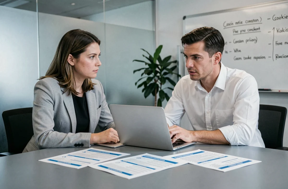 Zwei Fachleute besprechen rechtliche Anforderungen im Online-Marketing in einem modernen Konferenzraum