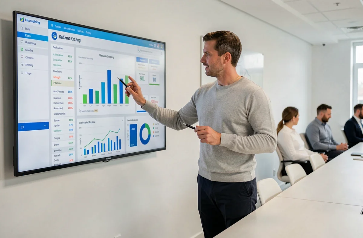 Buchhalter präsentiert Finanzdaten und digitale Dashboards auf großem Monitor in modernem Konferenzraum