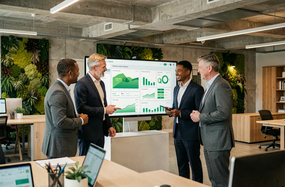 Finanzteam diskutiert ESG-Portfolio auf digitalem Dashboard – nachhaltige Investmentstrategie der Deutschen Bank