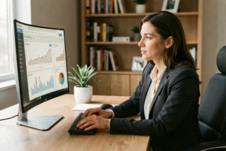 Frau analysiert Affiliate-Marketing-Daten auf einem Computermonitor im Homeoffice