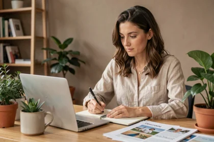 Frau arbeitet an einer Content-Marketing-Strategie am Schreibtisch mit Laptop und Notizbuch in einem modernen Home Office