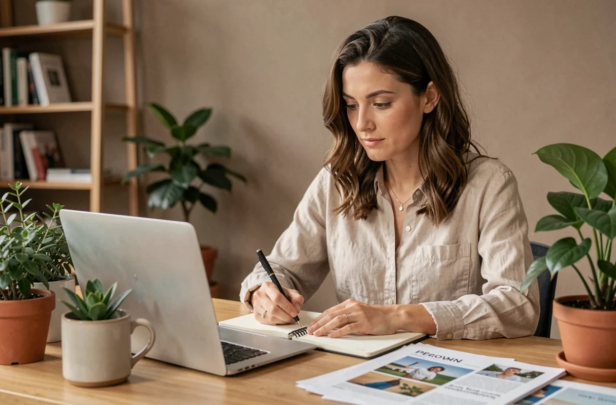 Frau arbeitet an einer Content-Marketing-Strategie am Schreibtisch mit Laptop und Notizbuch in einem modernen Home Office