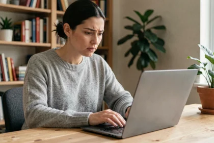 Frau überprüft Datenschutzeinstellungen auf ihrem Laptop in einem Homeoffice – Privatsphäre in sozialen Netzwerken