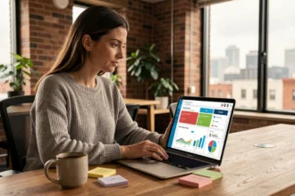 Frau arbeitet an einem personalisierten E-Mail-Marketing-Dashboard auf einem Laptop in einem modernen Büro