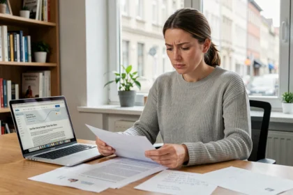 Frau in einem Homeoffice prüft Unterlagen zu neuen Urheberrechtsgesetzen in Deutschland
