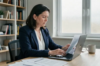 Frau liest Verbraucherschutz-Dokumente auf einem Laptop in einem modernen Homeoffice