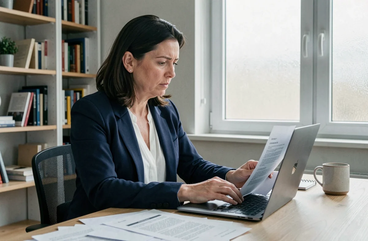 Frau liest Verbraucherschutz-Dokumente auf einem Laptop in einem modernen Homeoffice