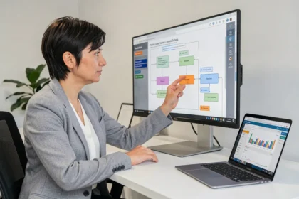 Frau am Schreibtisch analysiert Marketing-Automation-Workflows auf einem Ultrawide-Monitor in einem modernen Büro