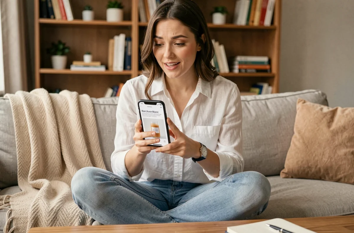 Junge Frau liest eine personalisierte Marketing-E-Mail auf ihrem Smartphone im Homeoffice
