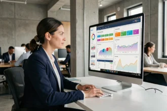 Frau arbeitet an SEO-Analytics-Dashboard auf großem Monitor in modernem Büro