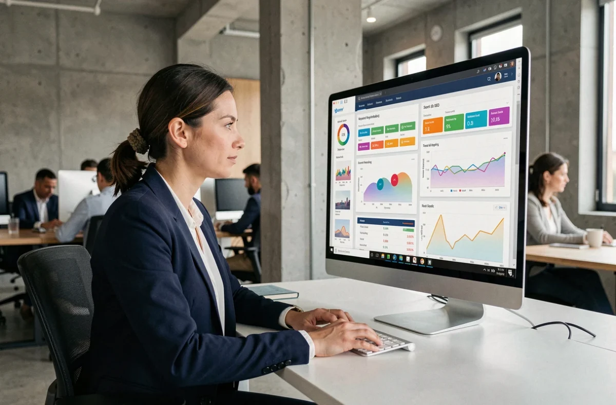 Frau arbeitet an SEO-Analytics-Dashboard auf großem Monitor in modernem Büro