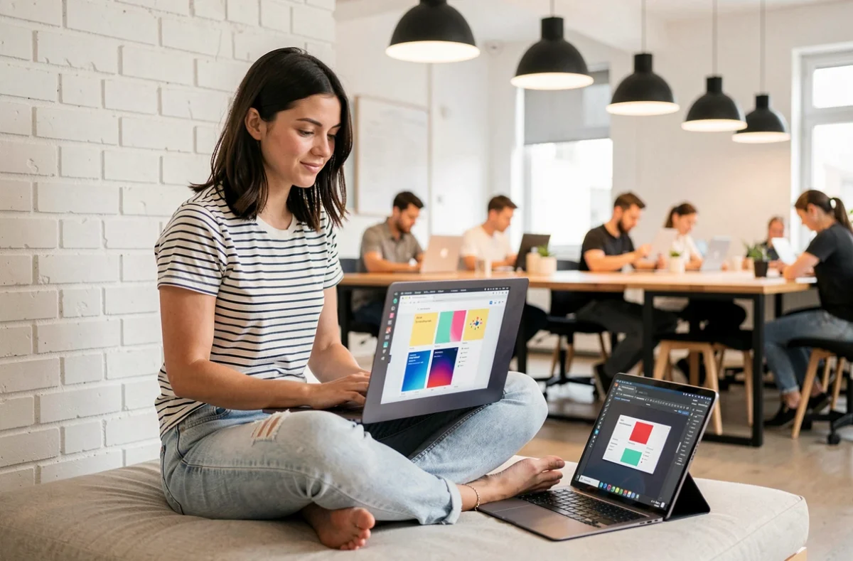 Freiberufliche Webdesignerin arbeitet an einem Laptop in einem deutschen Co-Working-Space an einem UI-Design